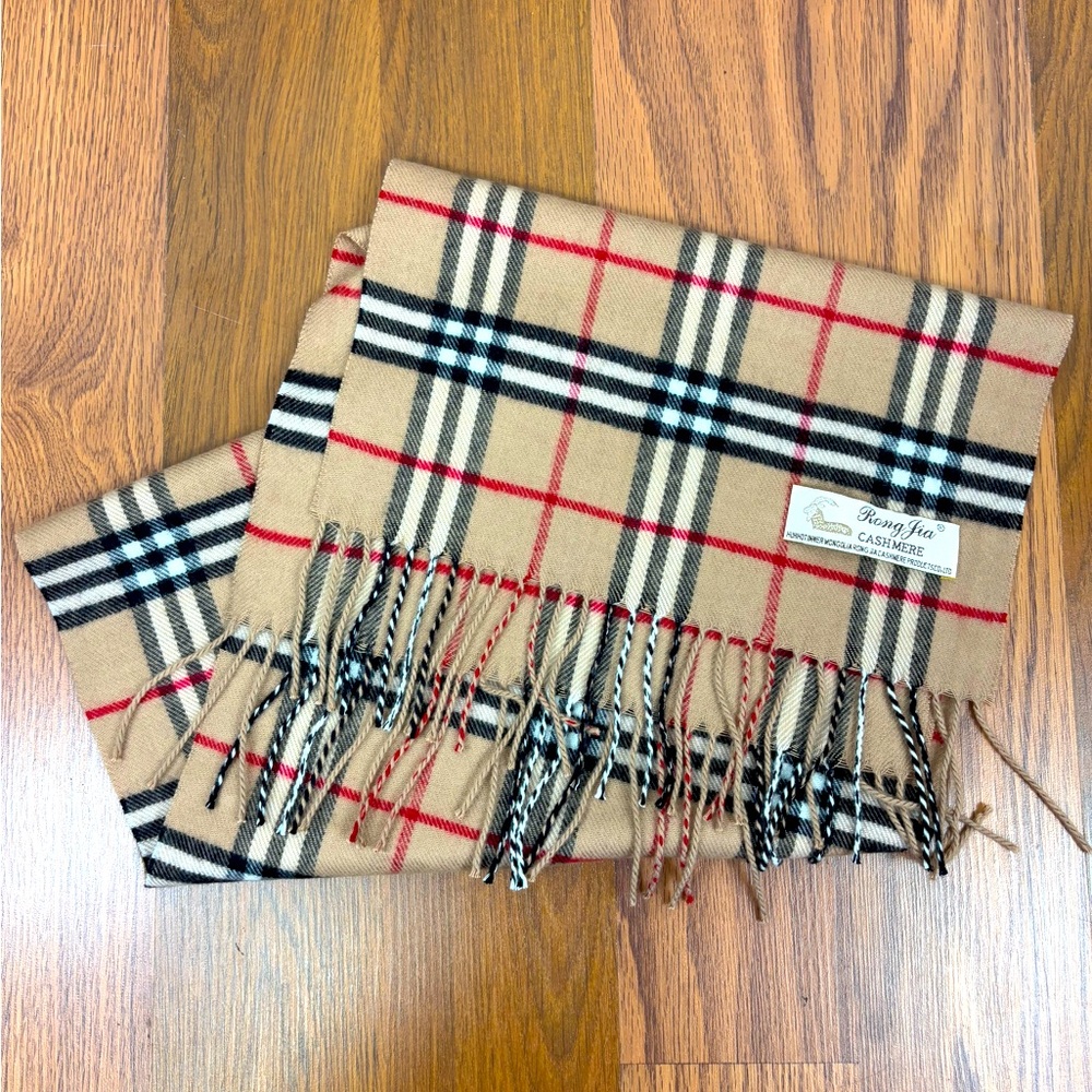 MONGOLIAN CASHMERE Plaid Scarf Brown Black Red Tartan Rong Jia Shawl Wrap